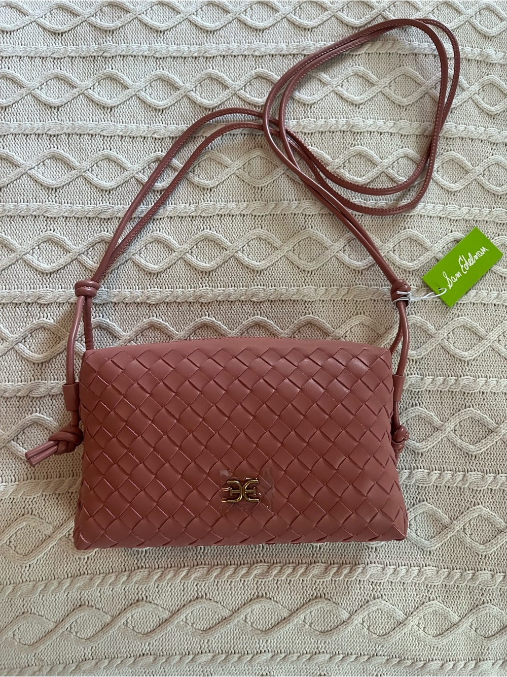 New! Sam Edelman Woven Soft Pink “Margo” Leather Crossbody Bag - Picture 5 of 16